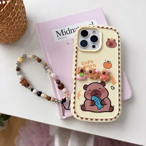 Cute Cartoon Capybara Phone Case for iPhone 16, Soft Anti-Drop Shockproof Protection, Includes Lanyard, Fits iPhone 15 Pro Max, Aesthetic Trendy Design