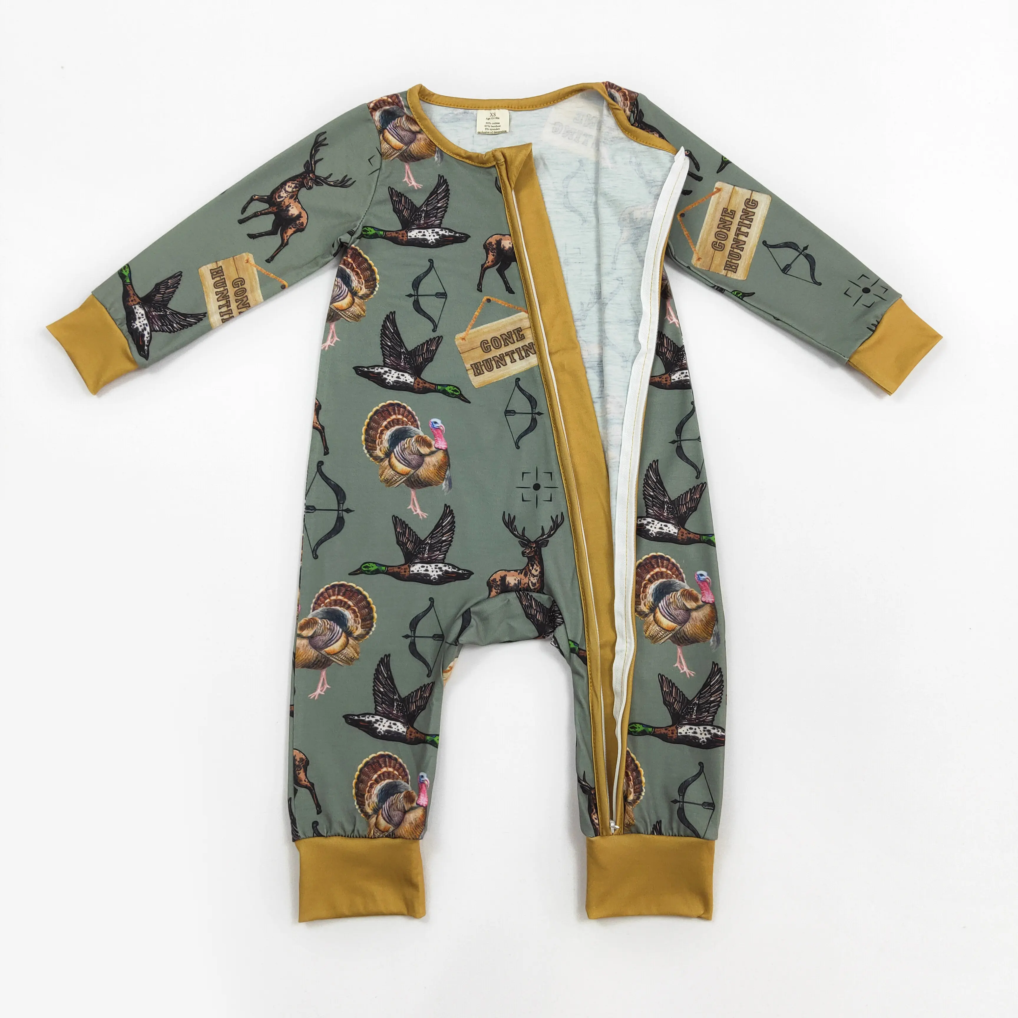 Baby Romper Jumpsuit, Soft Long Sleeve Gone Hunting Print Onesie Bodysuit, Infant Outfit with Full-Body Zipper