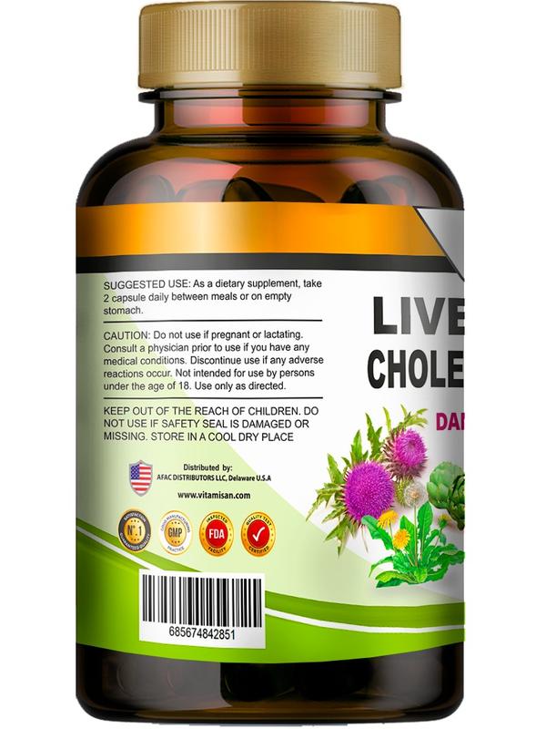 Vitamisan Liver Detox & Cholesterol Support 120 Capsules with Dandelion Fennel Licorice Artichoke Alfalfa Milk Thistle for Optimal Health