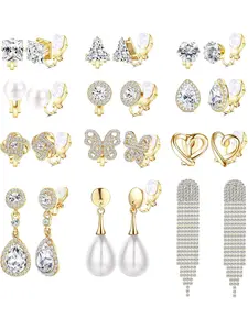 Gold Silver Clip on Earrings for Women Trendy Pearl Drop Dangle Non Pierced Earrings Pack Butterfly Heart CZ Rhinestone Crystal Simulated Diamond Long Chandelier Clip on Stud Earrings Set