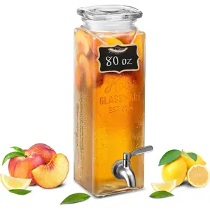 Drink Dispenser, 80 oz, Water Dispenser Countertop, Glass Drink Dispenser, Beverage dispenser, with Leak-Proof Spigot, Clear Rectangular Jar, Storage for Party, Fridge, for Water, Iced Tea
