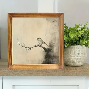Vintage Bird and Branches Framed Wall Art - Minimalist Beige & Black Nature Decor, Artificial Wood Poster for Living Room, Bedroom, Office - Housewarming Gift, Easy Hang with Pre-Drilled Holes - 8x8 Inches, Bird Decor, Bedroom Artwork, Serene Home Accent,
