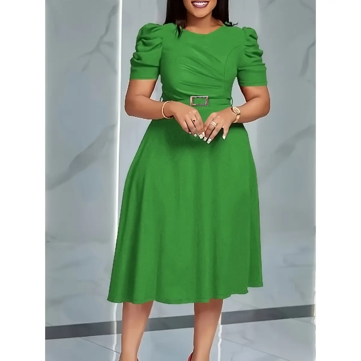 green emerald velvet dress 'Abbi' Cinched Waist Midi Dress main image 1
