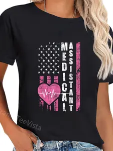 100% Cotton Unisex Medical Assistant - USA Flag Healthcare Worker Nurse Week MA T-Shirt Graphic Printed Vintage Casual Tshirt