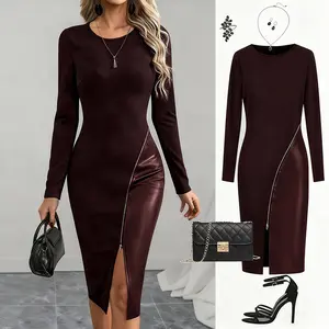 Women's Solid Color PU Leather Patchwork Zipper Bodycon Dress Elegant Slim Fit Long Sleeve Party Dress Casual Fashion Clothing Minimalist