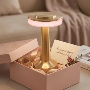 Aesthetic Modern Luxury Gold Cordless Table Lamp, Battery-Operated, Touch Sensor 3-Color Changing, Stepless Dimming, Rechargeable, Small Indoor Light for Restaurant, Romantic Date Night Ambience Fabric Dimmable