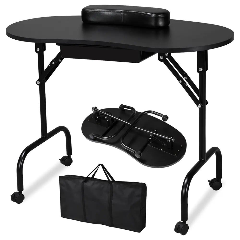 Costoffs Portable Foldable Nail Desk - Rolling Salon Furniture Workstation with Removable Wrist Cushion, Drawers, Carry Bag for Salon, Home Use