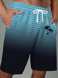 Plus Size Men's Summer Gradient Beach Shorts - Ombre Blue to Black with Palm Tree Print, Elastic Drawstring Waist & Pockets, Machine Washable Swim Trunks for Casual Outings, Bathing Suits, Swimwear Shorts, PLUS SIZE