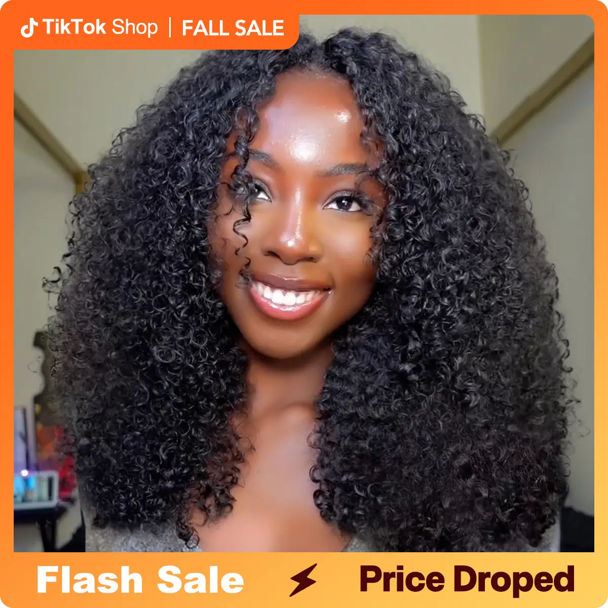 Vshow Kinky Curly Hair V Part Human Hair Wig With Drawstring All Size Fit 250% Density Glueless V Part Wig For Black Women Natural Blend Kinky Curly W