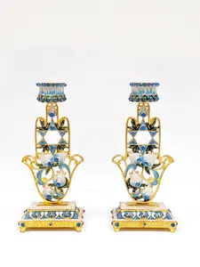 Shabbat Pair of 2 Blue Floral Hamsa Hand Candle Holder (Set of 2)