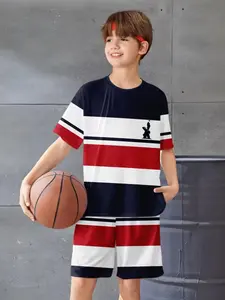 Boys' Navy Striped Print T-Shirt and Shorts Set, Casual Loose-Fitting Short Sleeve Crop Top and Shorts, All over Print H-Type Silhouette