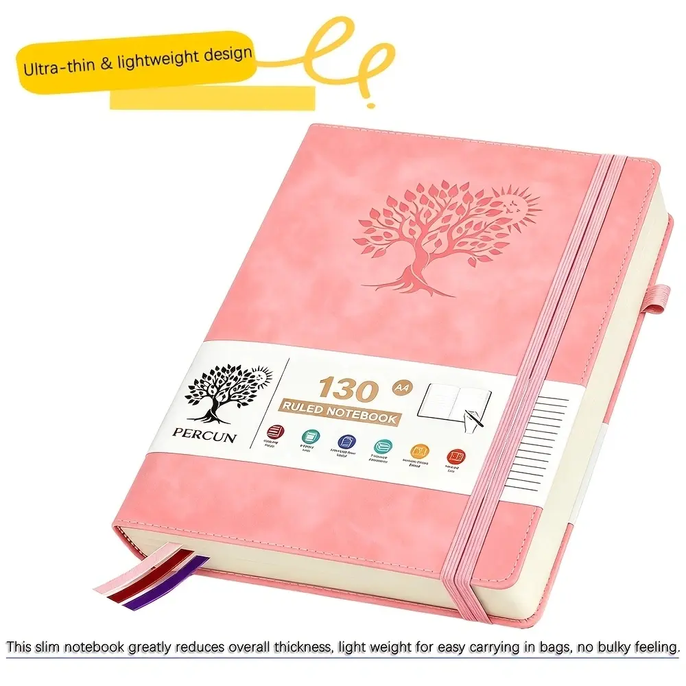 A4 Lined Notebook, Hardcover Journal with Elastic Closure, 130 Pages, Slim Lightweight Writing Notebook, Black Pink Purple