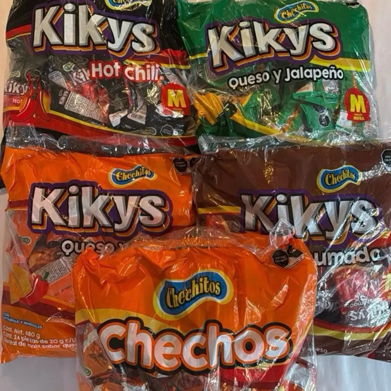 Kikys Chechitos Botaneros . Individual bags. Each bag comes with 24 individual bags. Choose from Chechos Cheddar flavor, Kikys Hot Chile, Kikys Queso Jalapeño , Kikys Cheddar, and Kikys Ahumados. Authentic Mexican snacks . Kikys Chechitos Botaneros . Individual bags. Each bag comes with 24 individual bags. Choose from Chechos Cheddar flavor, Kikys Hot Chile, Kikys Queso Jalapeño , Kikys Cheddar, and Kikys Ahumados. Authentic Mexican snacks .