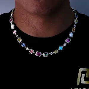 New style hip-hop colored gemstone women's necklace jewelry accessory with high-end zirconium men's bracelet Crystal Set