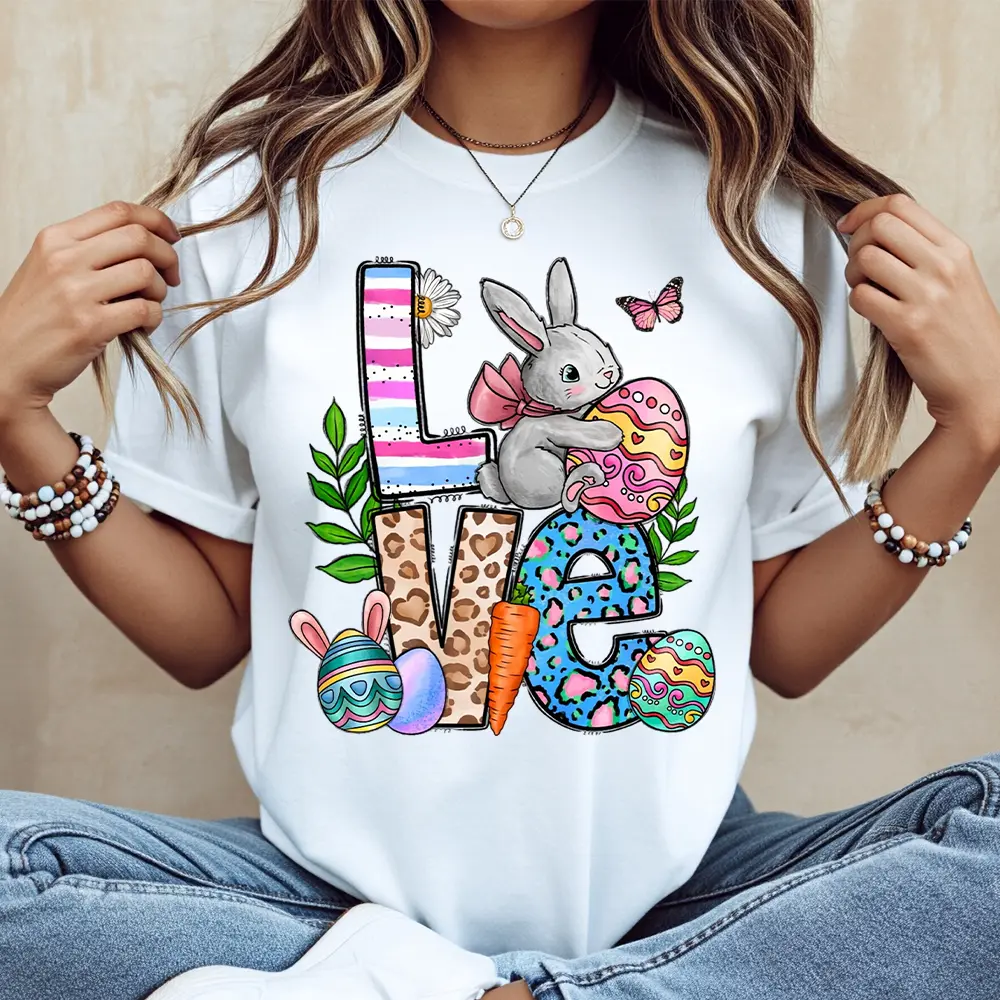 Easter Bunny Love Pattern Printed T-Shirt White Crew Neck Casual Tee For Women Festival Party Wear