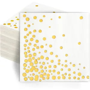 100 Pcs 3-Ply Disposable Gold Cocktail Paper Napkins, 5 x 5 Inches, for Weddings, Birthdays, Baby Showers, Anniversaries and Cocktail Parties, White