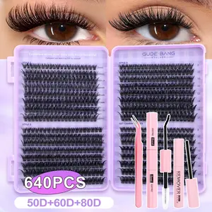 640 PCS cluster eyelash extension set, including false eyelashes, glue, tweezers, and makeup remover, available in 50D/60D/80D, with lengths 8-16MM, super-sized for DIY single eyelash extension at home, Eyelash Extensions Kit