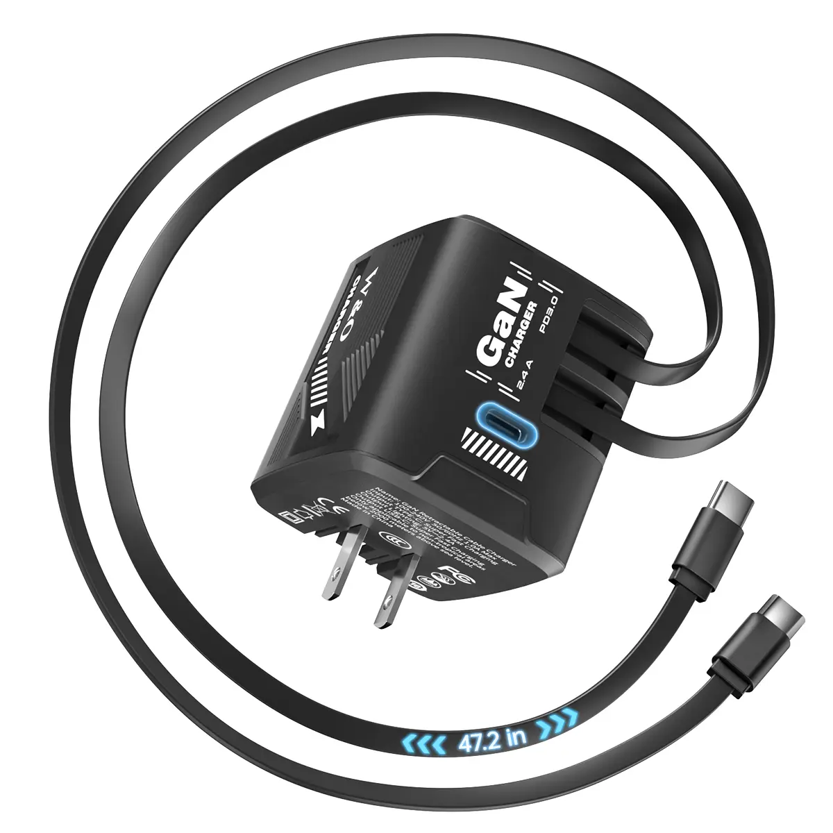 with 2 built-in 47-inch cables double-c-Black