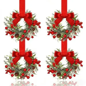 4-Pack 6-Inch Christmas Mini Cabinet Wreaths, Kitchen Ribbon Bow Berry Small Window Wreath, Door Frame Farmhouse Party Decorations