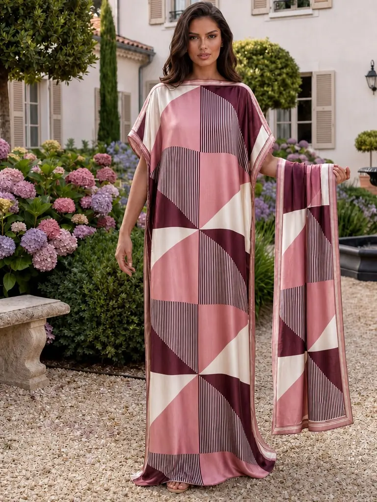 [MOOMOO] Lady's Full-Length Boho Colorblock Print Long Dress & Scarf Set - Casual Wear, Hippie Style, Relaxed Fit, Breathable Matching Fabric, Sun Protection, Going Out Clothes for Summer Beach Vacation, TikTok Trending Beachwear 007-2, Boho Pattern, All,