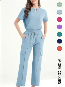 Women's Medical Uniform Set, Multi-Pocket Design, Short Sleeve, Breathable Quick-Dry Wrinkle-Resistant Fabric, Casual Loose Fit, Home and Clinic Wear Workwear