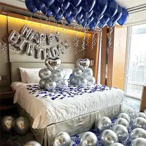 Silvery Happy Birthday Balloon Set 16 Inch Silvery Foil Letter Heart Balloon with Navy Blue Silvery Latex for Birthday Party Decorations, Birthday Balloons Decoration Set, Balloon Garland Stand, Pastel Balloon Garland, Birthday Decoration