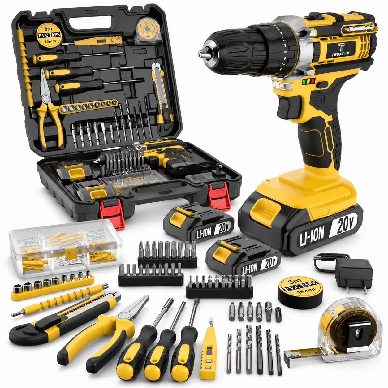 Cordless Drill Set,20V Power Drill Set with Battery and Charger, Electric Driver/Drill Bits, 3/8'' Keyless Chuck,18+3 Torque Setting, with LED Electric Drill Set