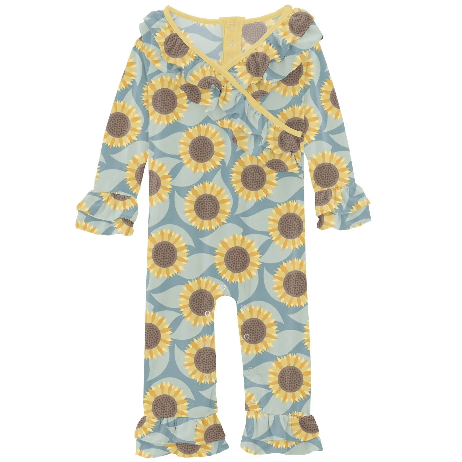 Print Long Sleeve Kimono Double Ruffle Romper in Stormy Sea Sunflower