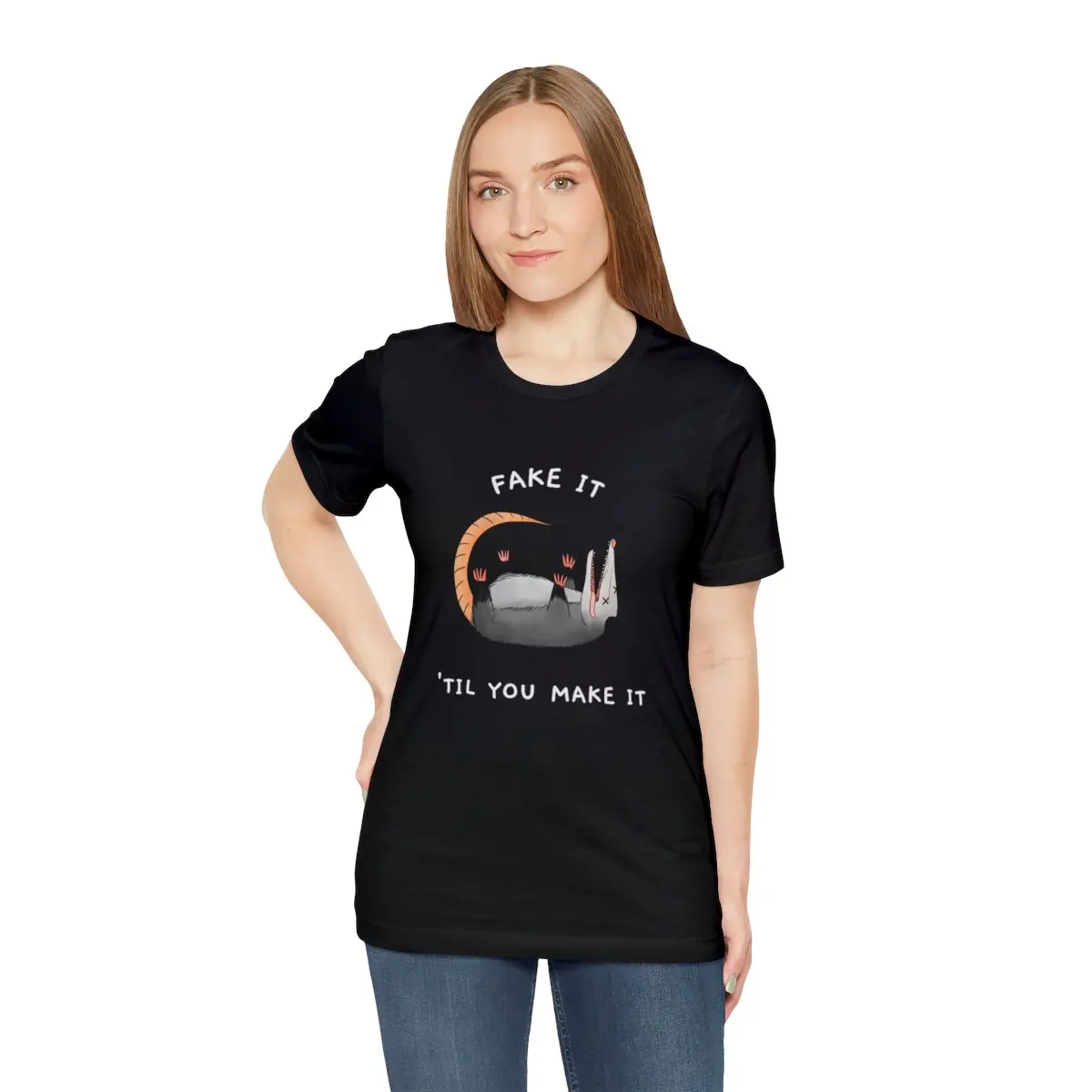 Opossum Meme Shirt, Fake It Til You Make It, Possum Lover Joke Humor, Birthday or Christmas Opossum T-Shirt Gift Cotton Fabric Shortsleeve Womenswear