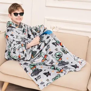 L-BN060   Kids Snuggies Wearable Fleece Blanket with Sleeves & Foot Pocket for Kids Boys Girls Children,Lightweight Soft Blanket with Sleeves and Hook & Loop 48" x 48" Dinosaur