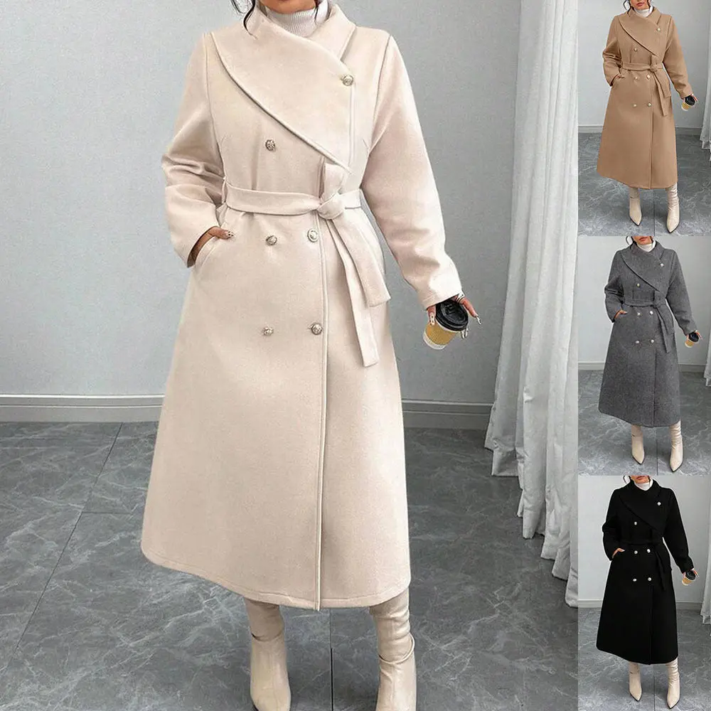 Women's Double-Breasted Wool Coat with Asymmetrical Collar