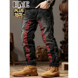 Men's Plus Size Black Distressed Jeans Red Gothic Letter Print Frayed Straight Leg Streetwear Denim Pants