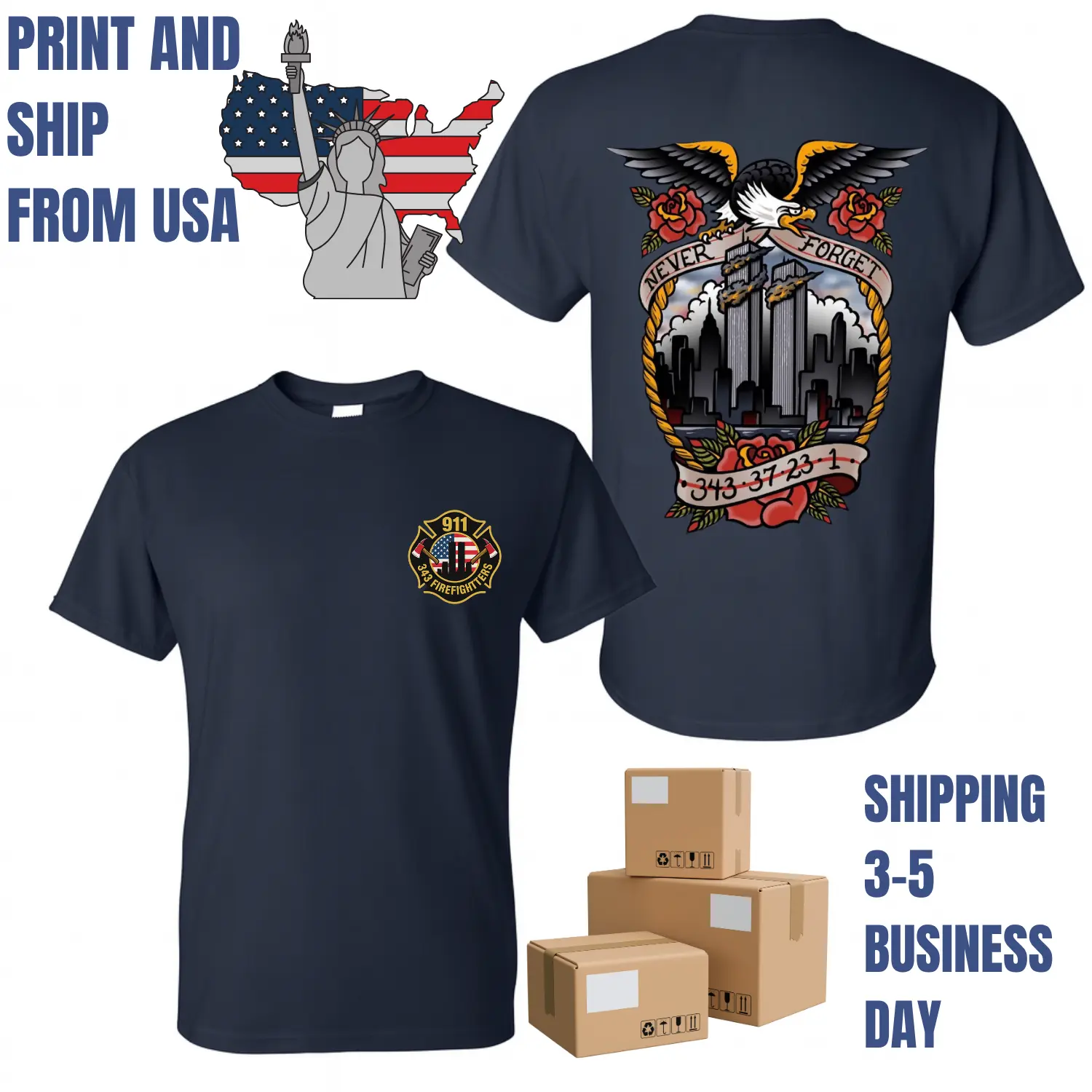 Never Forget 911 Twin Towers Memorial T-Shirt, 2 Sides, 343 Firefighter Tribute Graphic Tee