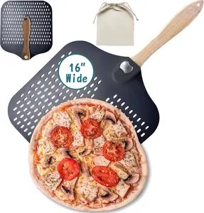 Pizza Peel 16 inch,16" Wx 18" L, Aluminum pizza peel with Foldable Wood Handle and Storage Bag, perforated (16 inch Perforated)