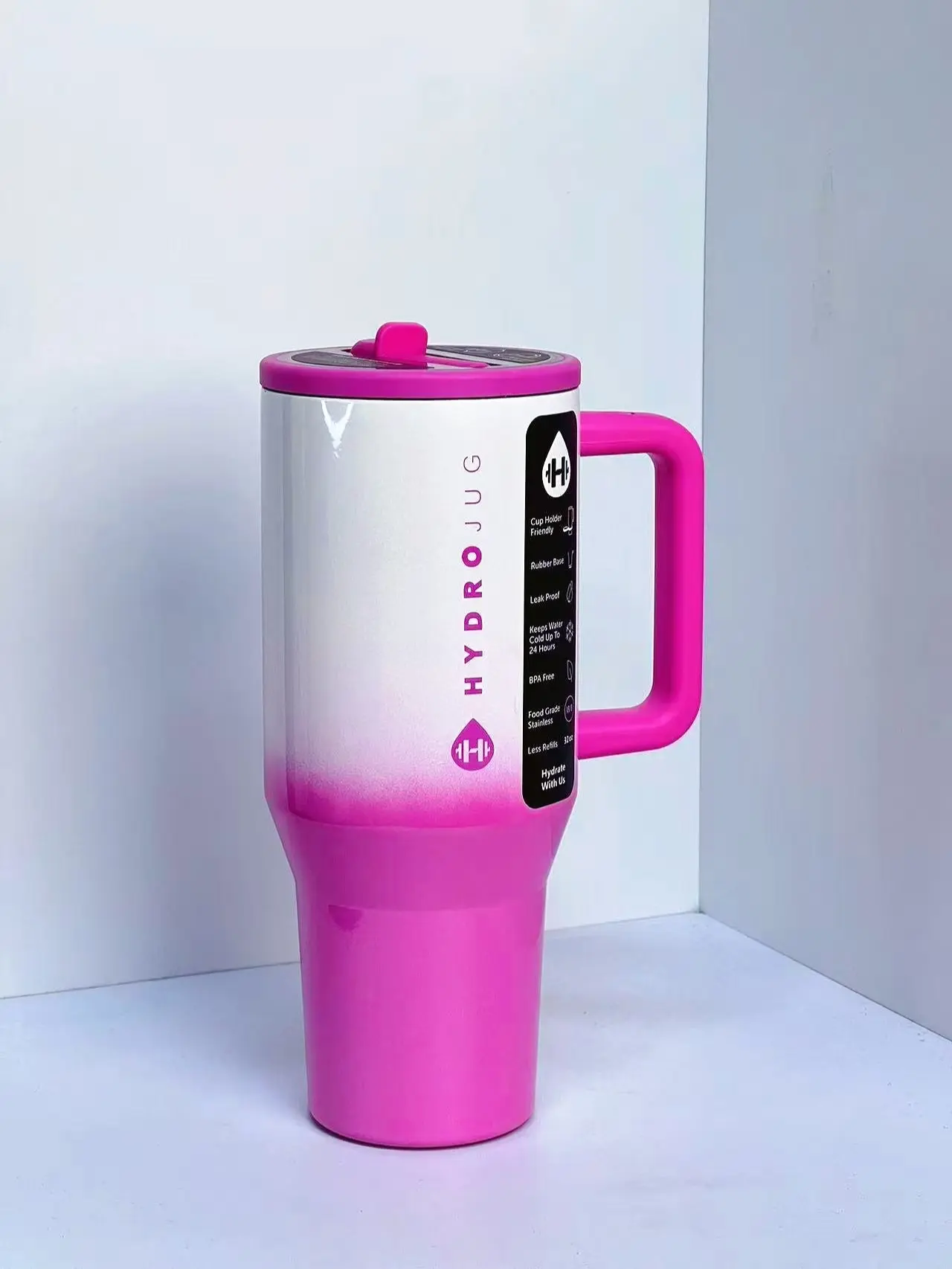 HydroJug 30oz Pink Gradient BPA-Free Stainless Steel Double-Walled Insulated Leakproof Vacuum Flask Thermo Tumbler with Handle, Magnet Design, Bag, 24oz Glass Juice Straws, Stylish Portable Kitchen Drinkware for Daily Use Water Bottles