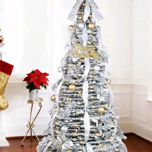 6 Ft Flocked Pop Up Christmas Tree Prelit 200 LED Lights with 3 Metal Tubes Stable Base 8 Light Effects Automatic Timer Fire Resistant PVC