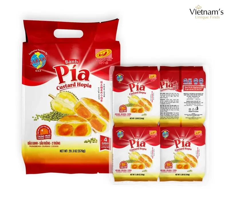 Tân Huê Viên 2-Yolk Custard Hopia - Traditional Vietnamese Snack Cake, Mung Bean & Durian Flavor, Unique Texture Sweet Treat