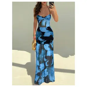 Summer Floral Mesh Halter Backless Boho Maxi Dress Spaghetti Strap Vacation Long Dresses