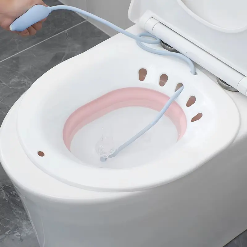 Foldable Sitz Bath for Hemorrhoids, Postpartum Care Essentials, Folding Design with Flushing Hose, Drainage Hole, Wider Seat Area, Deeper Bowl