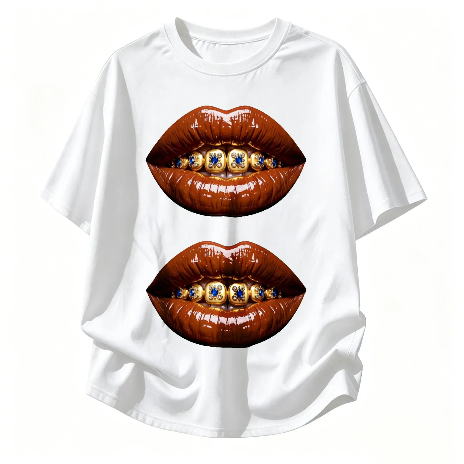 CARPESUN Streetwear T Shirt Glossy Lips Gold Teeth Grills Print Cotton Casual Unisex Gift For Friends