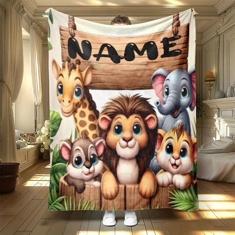 Custom Name Personalized Animal Zoo Theme Flannel Throw Blanket - Hypoallergenic Digital Print Minky Fabric, Elephant Lion Monkey Giraffe Designs - Machine Washable All-Seasons Lightweight Quilt for Napping, Picnics