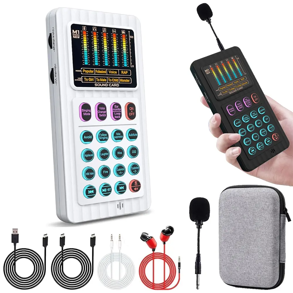 Portable Voice Changer Device, Handheld Audio Mixer for PC, Microphone Set with Noise Reduction, Live Sound Card for Smartphones, Computers, Tablets