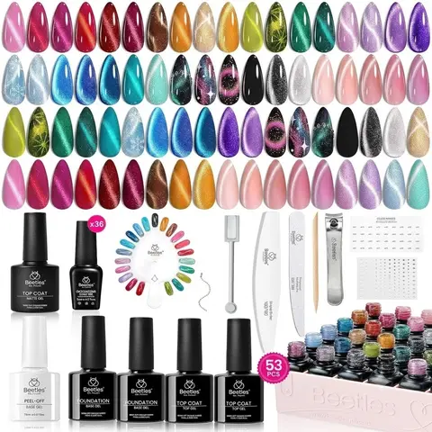 Beetles Cat Eye Gel Nail Polish Set - Soak-Off LED/UV Curing Shimmer Glitter Velvet Set with Silver,Pink,Blue,Orange,Green,Purple Hues & Magnet, Cosmetic Nail Art Colorful Products for Women's Selfcare Glowup Manicure #Summervibes