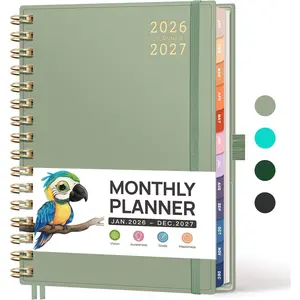 2026-2027 Monthly Planner, Jan 2026 - Dec 2027, Medium Size (5.7" x 8.3"), Agenda, Calendar, 24 Month Tabs, Flexible Plastic Cover, 100 GSM Thick Paper, Spiral-bound (Light Green)