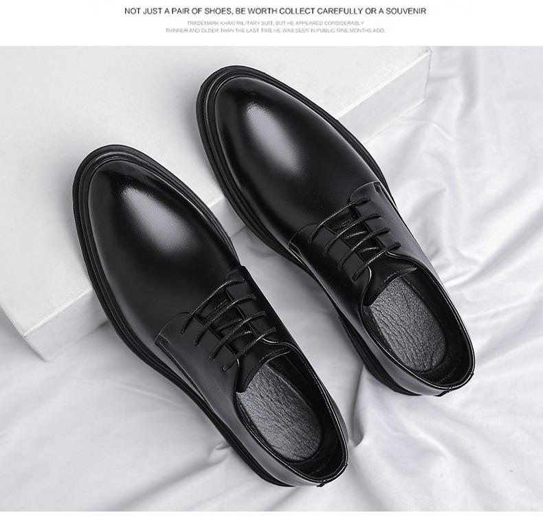 Men’s leather dress shoes for autumn, British style, low-cut black design suitable for commuting and business attire, pairs well with suits.