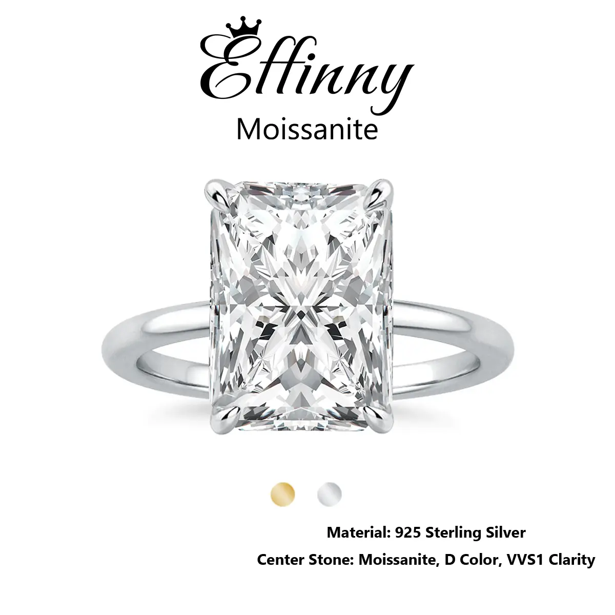 Effinny Lab-Created Moissanite 14K Gold-Plated 4.5ct Elongated Excellent Radiant Cut Hypoallergenic Soliatire Engagement Ring, D Color VVS1 Promise 925 Sterling Silver Travel-friendly Jewelry for Her, Moissanite Rings, Solitaire Ring
