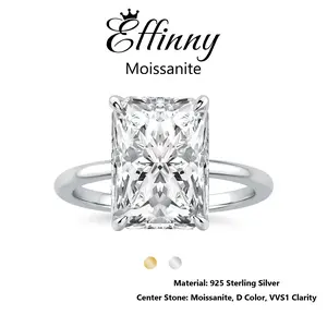 Effinny Lab-Created Moissanite 14K Gold-Plated 4.5ct Elongated Excellent Radiant Cut Hypoallergenic Soliatire Engagement Ring, D Color VVS1 Promise 925 Sterling Silver Travel-friendly Jewelry for Her