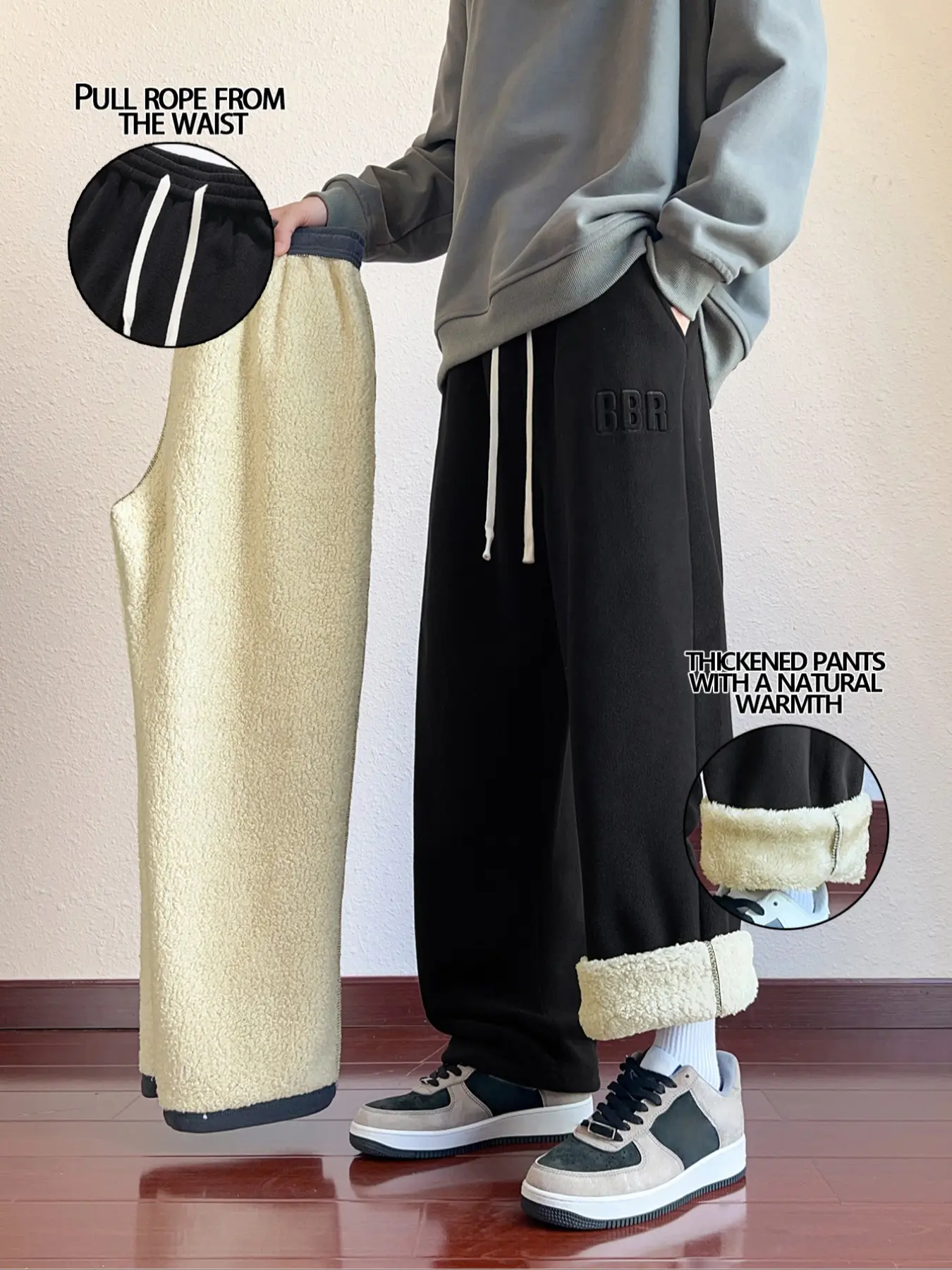Men's Winter Fleece Lined Flannel Wide Leg Pants, Warm Casual Long Pants for Fall & Winter, Comfortable Fitted Colorblock Design