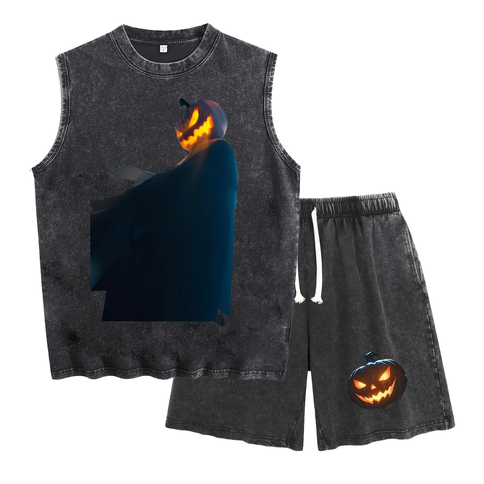 Vintage Washed Black Sleeveless Tank Top Shorts 2 Piece Set Men Spooky Glowing Pumpkin Cloak Man Graphic Matching Tracksuit Gothic Halloween Casual Loose Outfit Soft Retro Wash Tank Short Set For Autumn Party Streetwear