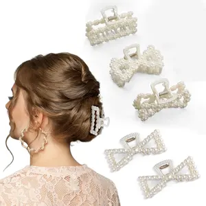 5 PCS Simulated Pearl Hair Claw Clips for Women | Multi-Use Barrettes for Thin Hair with Non-Slip Strong Hold | Barrettes for Thick & Curly Hair Accessories | Flat Claw Clips for Women, Off-White